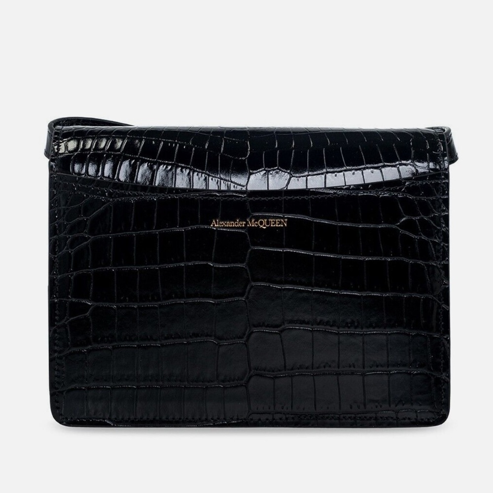 Alexander McQueen The Four Ring Leather with Croco Effect Black Shoulder Bag - Picture 4 of 6